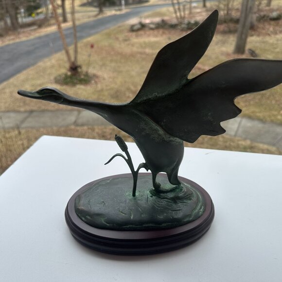 #1193 BRONZE or BRASS FLYING GOOSE ON WOOD BASE